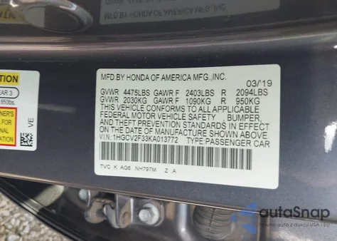 2019 Honda Accord Sport 2.0T из США, поврежденный, VIN 1HGCV2F33KA013772